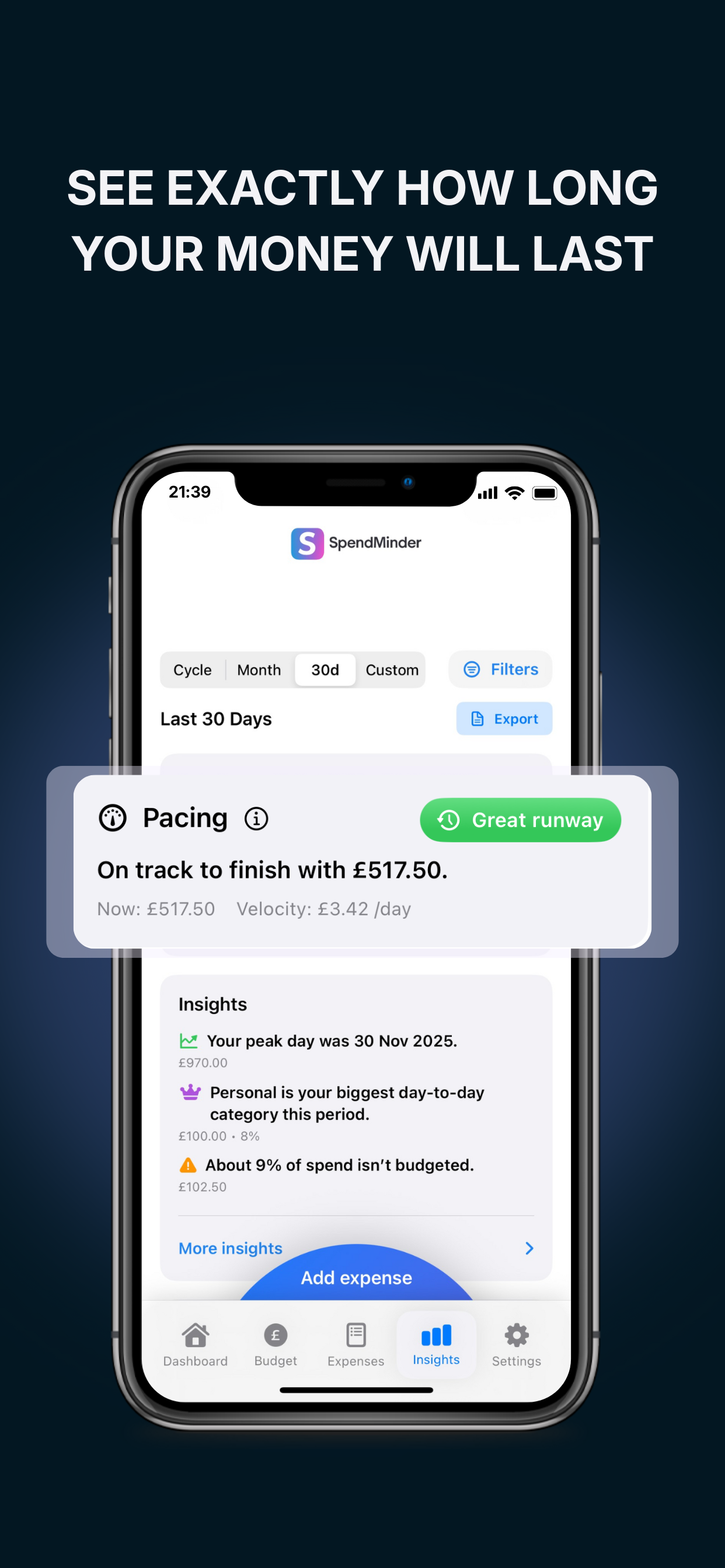 SpendMinder runway and pacing screen