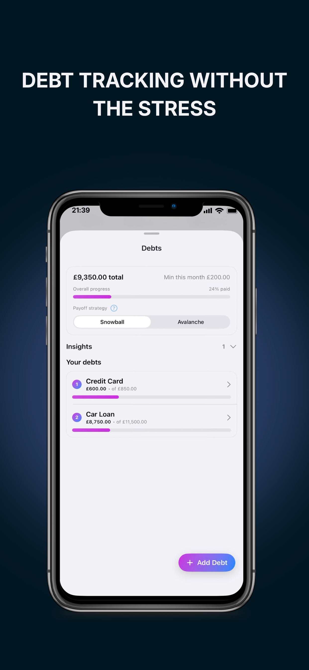 SpendMinder debts overview screen