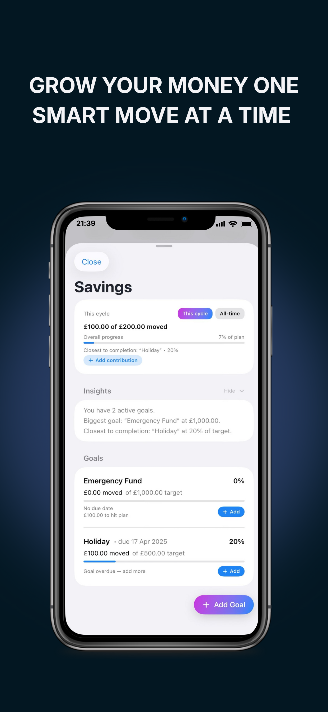 SpendMinder savings goals screen