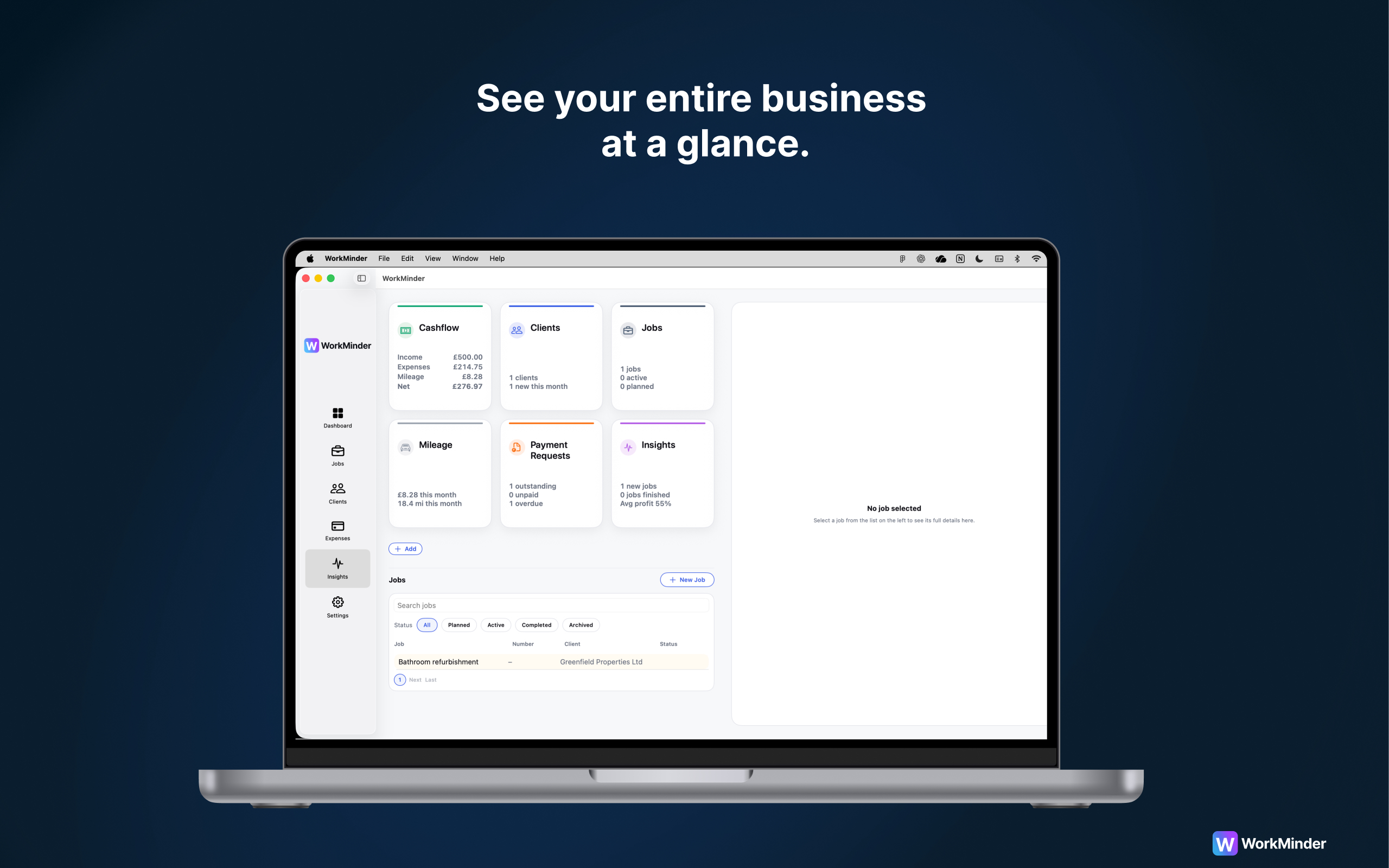 WorkMinder on macOS showing the dashboard and job list