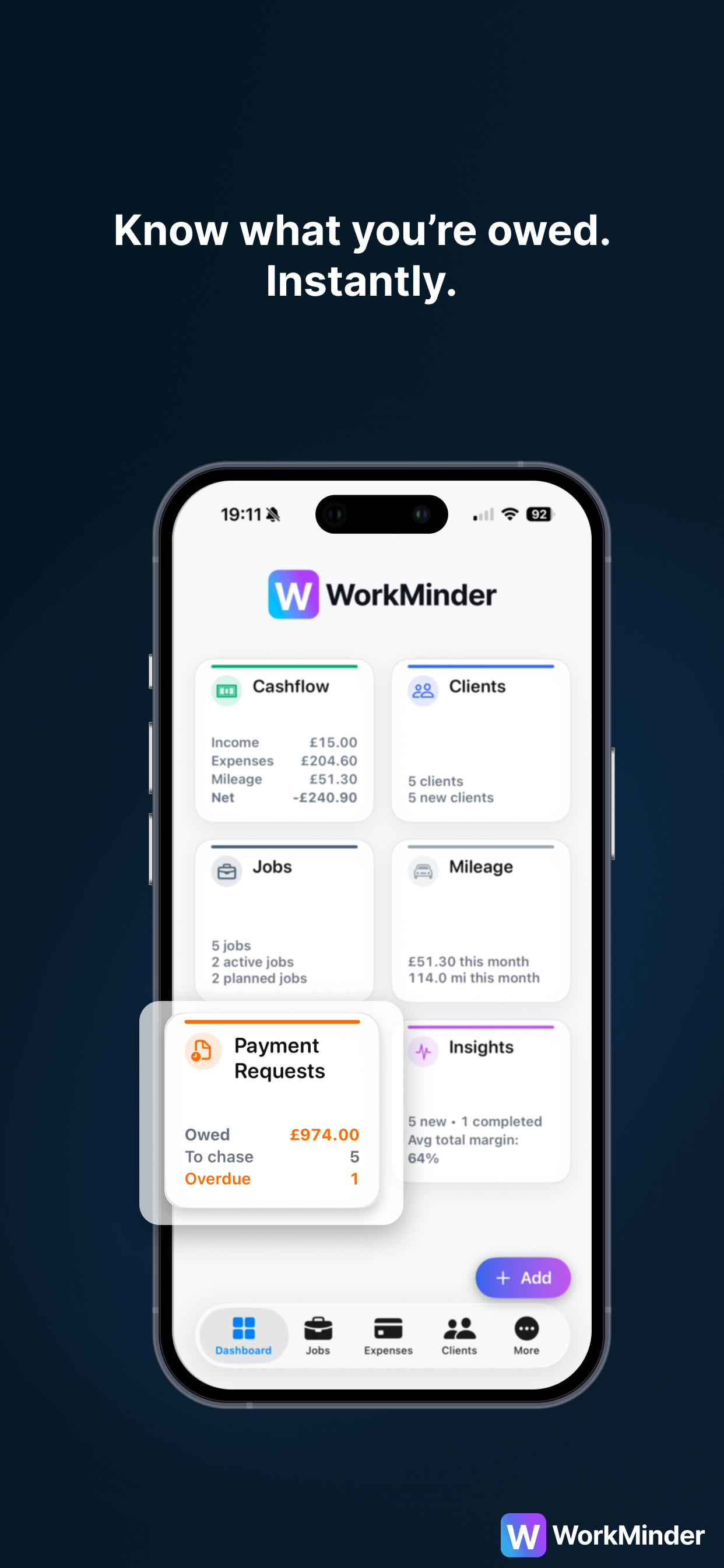 WorkMinder on iPhone highlighting outstanding payments on the dashboard