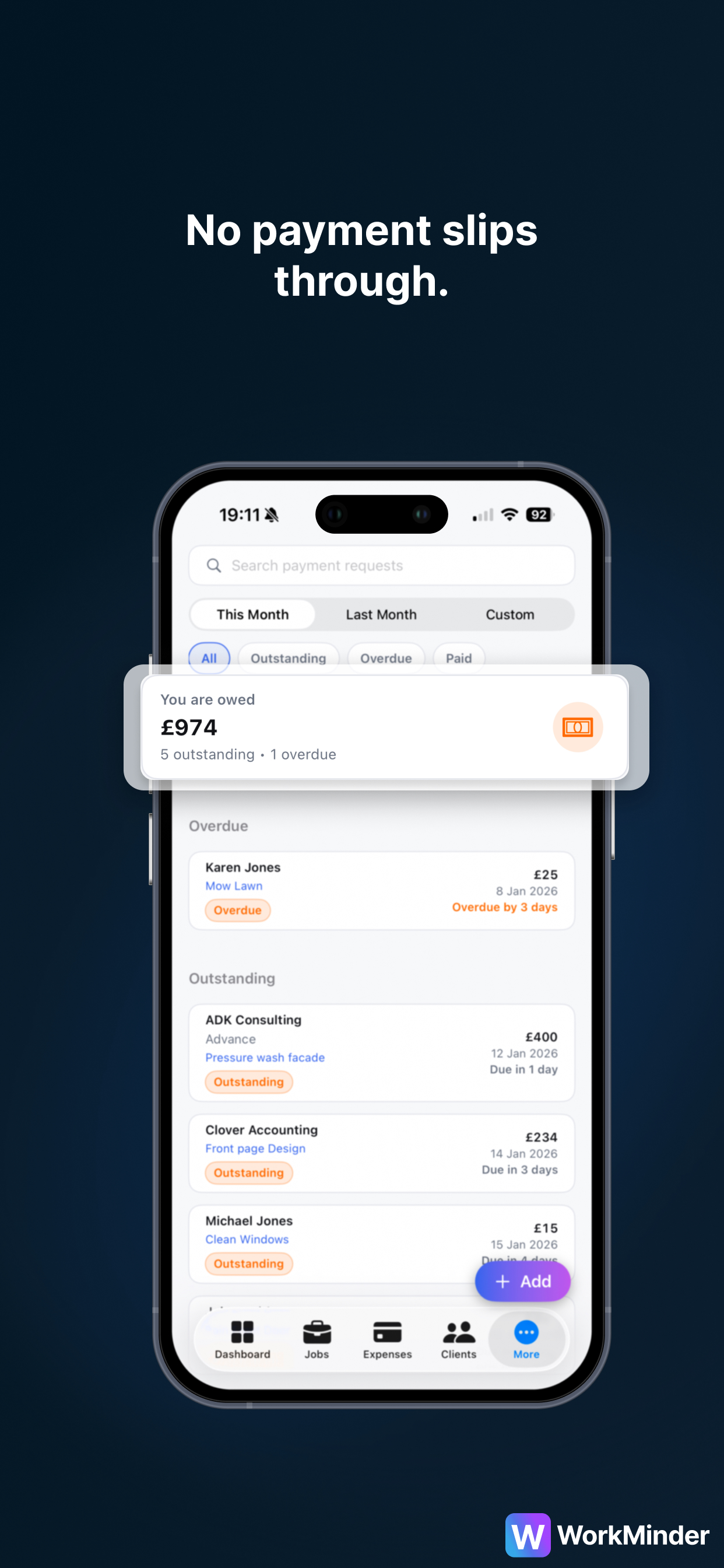 WorkMinder on iPhone showing payment requests and outstanding amounts